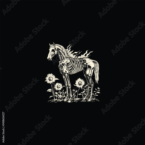 Powerful horse skeleton flames with flowers design vector template illustration