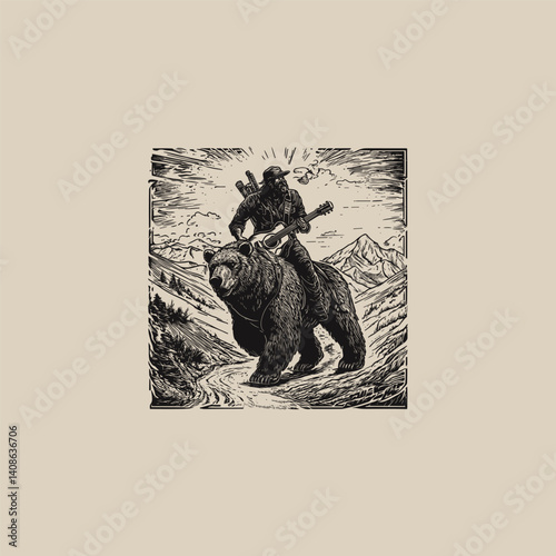 Man with guitar riding mighty bear design vector template illustration
