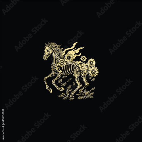 Powerful horse skeleton flames with flowers design vector template illustration