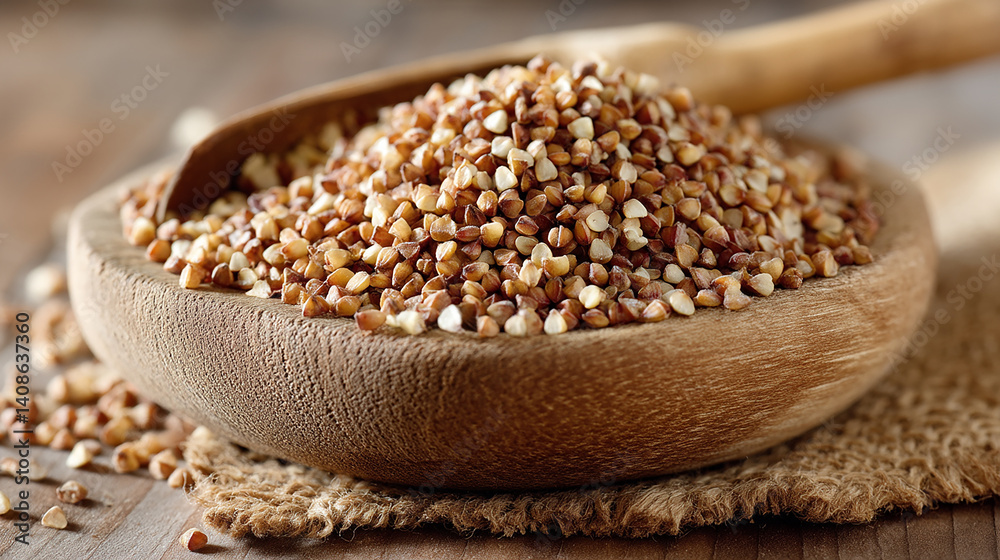 Buckwheat grains in a pile on a rough-textured wooden bowl Buckwheat grains in a pile on a rough-textured wooden bowl