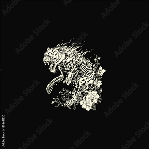 powerful tiger skeleton with flames and flowers design vector template illustration
