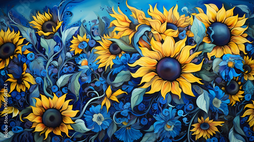 Impressionist blue sunflowers illustration background poster decorative painting