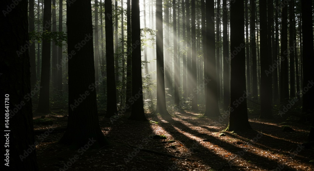 Fototapeta premium Sunbeams Piercing the Mystical Forest