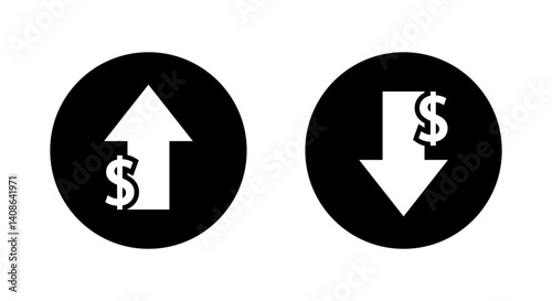 Dollar arrow up and down icon on black circle. USD currency increase and decrease concept