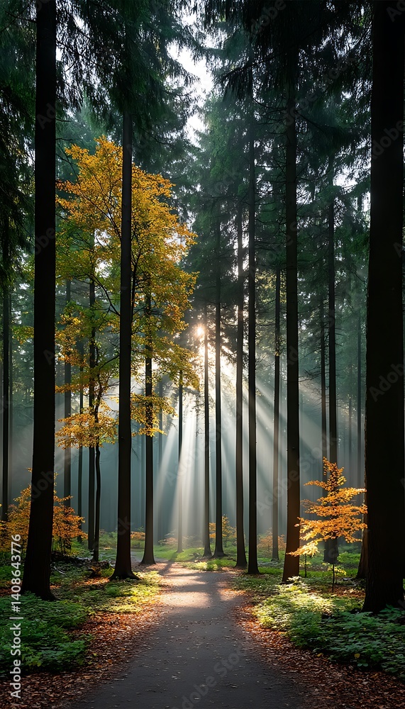 Fototapeta premium Sunbeams Forest Path Autumn (1)