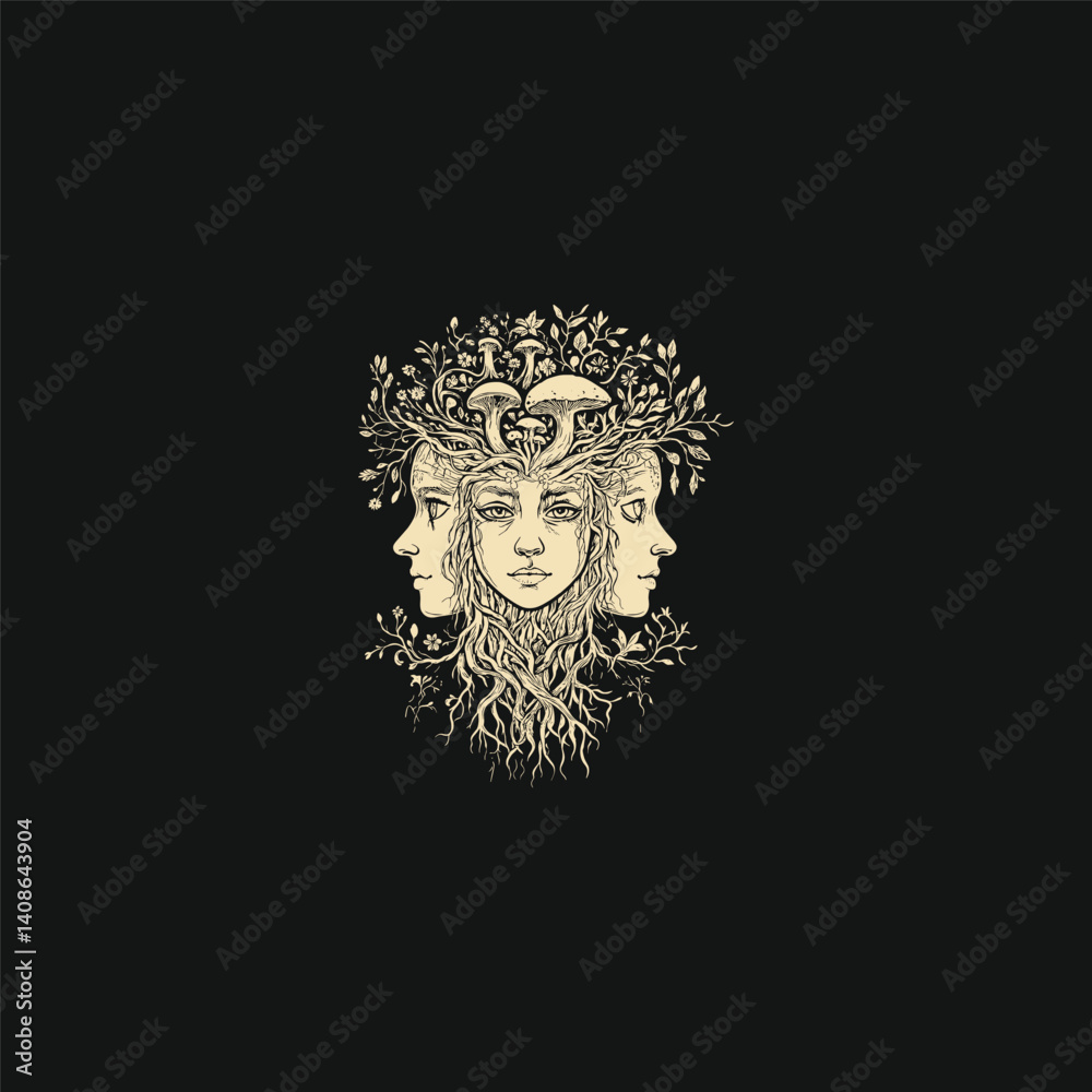 Fototapeta premium Three faces queen with natural leaf and mushroom ornament design vector template illustration
