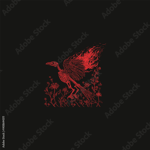 Ravens skeleton flames design vector template illustration