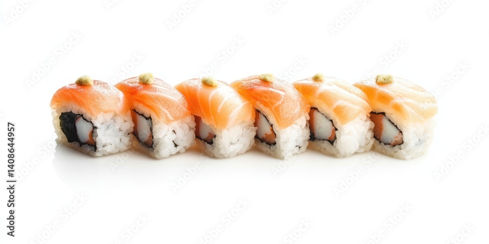A row of sushi rolls with a white background A row of sushi rolls with a white background