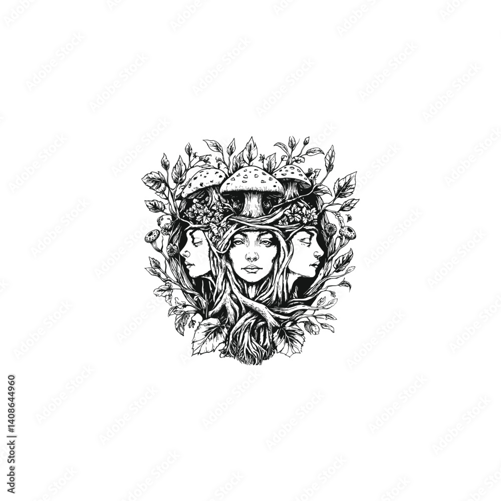 Three faces queen with natural leaf and mushroom ornament design vector template illustration Three faces queen with natural leaf and mushroom ornament design vector template illustration