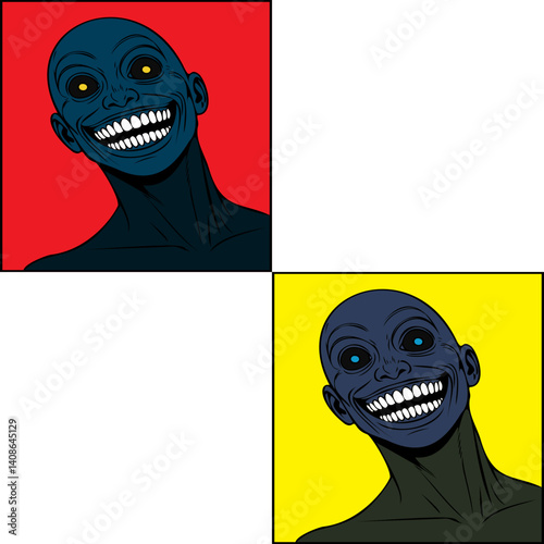 This vibrant artwork showcases a figure with a broad smile and exaggerated features, set against bright red, yellow, and white backgrounds