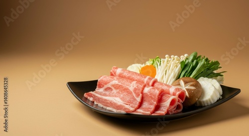 Delicious Shabu-Shabu Ingredients: Thinly Sliced Pork, Mushrooms, and Vegetables Ready for Cooking