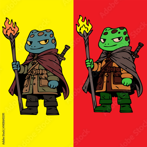 Artistic depiction of frog characters in fantasy attire holding torches, set against dual-toned backgrounds. Illustrates imaginative creativity and role-playing game inspired concepts