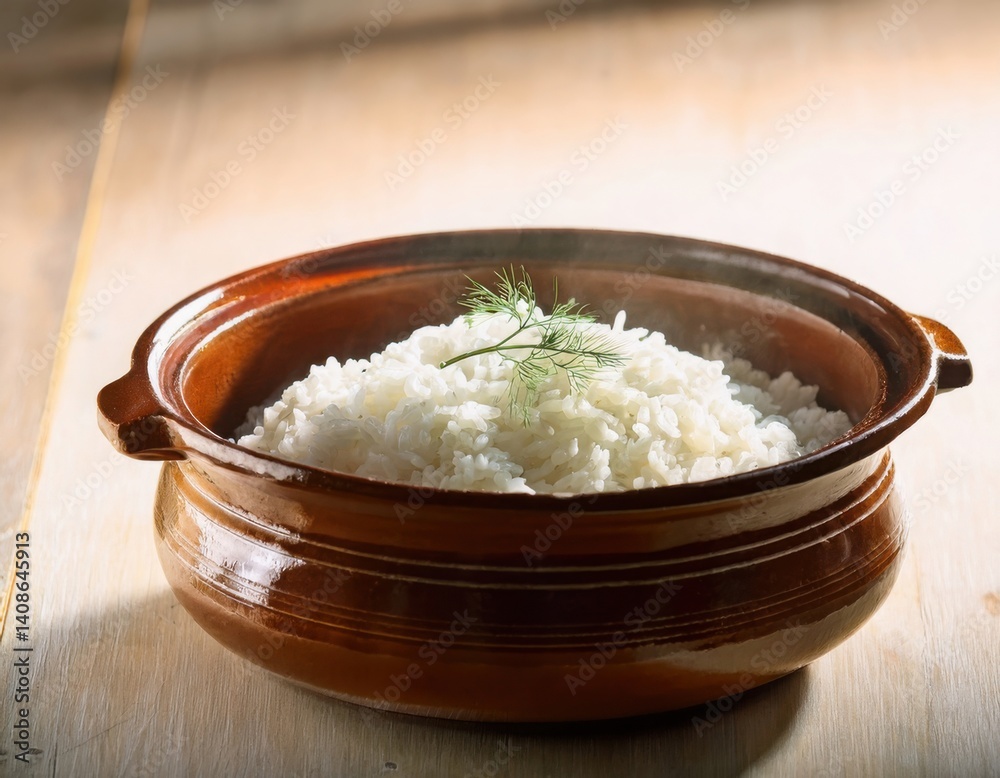 A rustic clay pot filled with freshly cooked rice A rustic clay pot filled with freshly cooked rice