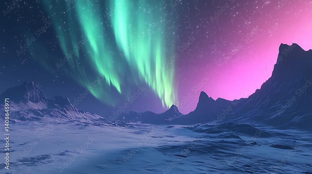 Fototapeta premium Arctic aurora borealis, night sky, mountains, fantasy landscape, wallpaper