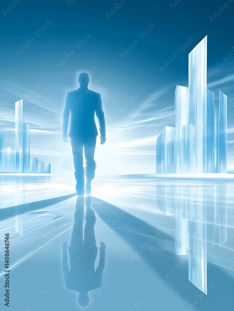 Abstract business leader walking towards the crystal future city skyline Abstract business leader walking towards the crystal future city skyline