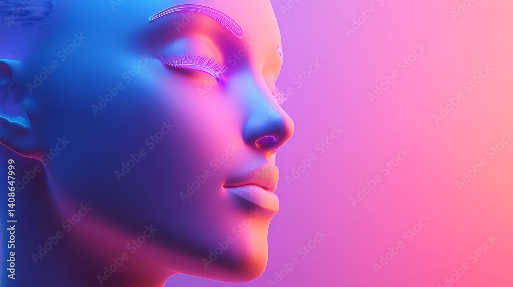 3D-rendered AI female robot with neon glowing head model against a gradient backdrop symbolizing the future of face identification and mind tech possibilities 3D-rendered AI female robot with neon glowing head model against a gradient backdrop symbolizing the future of face identification and mind tech possibilities