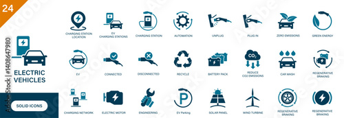 Electric vehicle icon. Containing EV plug, charging station, electric car, eco-friendly, future mobility, regenerative braking. 