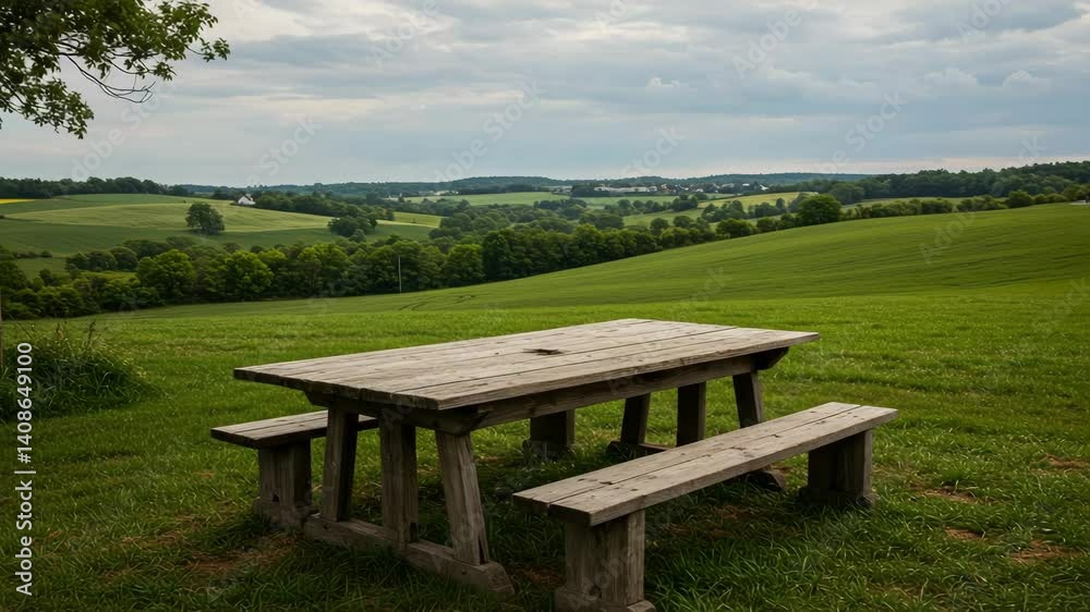 Rustic Wooden Picnic Table Overlooking Rolling Green Hills Under a Cloudy Sky Rustic Wooden Picnic Table Overlooking Rolling Green Hills Under a Cloudy Sky