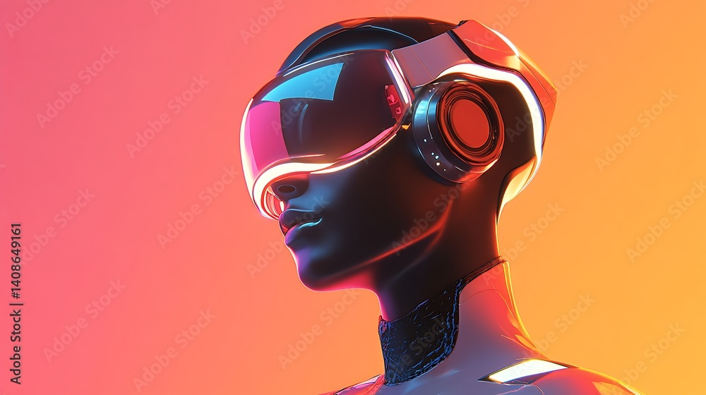 Glowing neon AI female robot with a 3D-rendered head model against a gradient backdrop exploring the future of virtual reality and brain enhancement Glowing neon AI female robot with a 3D-rendered head model against a gradient backdrop exploring the future of virtual reality and brain enhancement