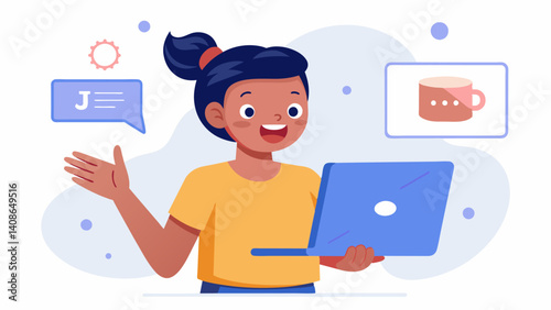 A girl enthusiastically explains the Java program she made to help her study spelling words by randomly generating practice quizzes.. Vector illustration