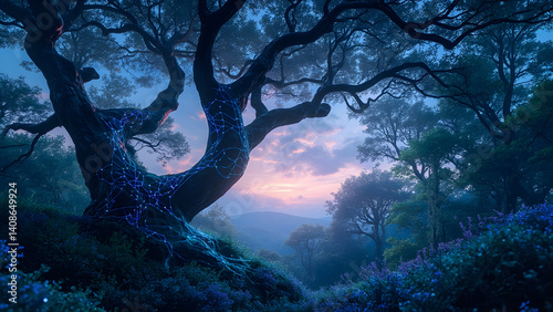 Magical Tree in Enchanted Forest at Dusk
