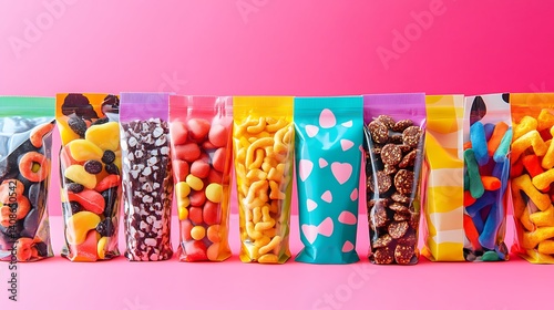 Colorful candy bags on pink background, snack variety, food photography, website banner