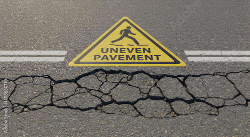 Uneven Road Surface With Warning Sign And Visible Cracks In The Asphalt