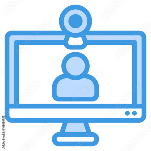 Computer monitor displays person with microphone. Ideal for virtual meetings, online presentations, video conferences, remote work, communication concepts.