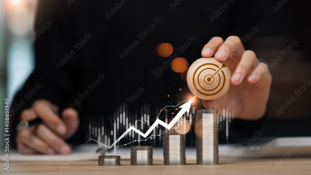 Businessman showing business growth and success graph ,concept of progress in development, financial efficiency and investment with business strategy for goals and opportunities in the industry future