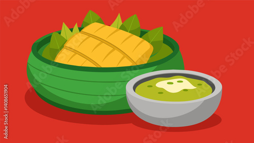 Freshly made tamales wrapped in corn husks and steamed in the molcajete served with a vibrant green salsa and creamy crema for a delicious meal.. Vector illustration