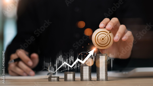 Obraz na płótnie Businessman showing business growth and success graph ,concept of progress in development, financial efficiency and investment with business strategy for goals and opportunities in the industry future w salonie