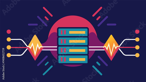 A pulse of vibrant energy rippling through a network symbolizing the transfer of data between servers.. Vector illustration