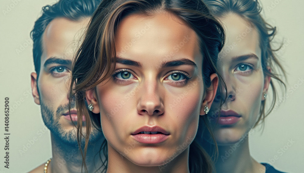 Central face surrounded by others to illustrate deepfakes and digital identity theft. Symbolic of AI deception, impersonation, and online privacy concerns.