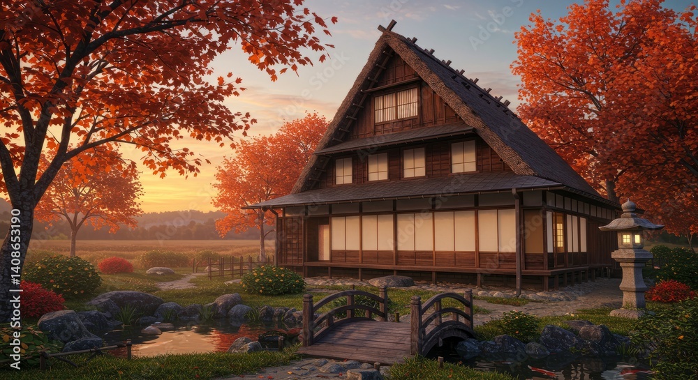 Traditional Japanese Wooden House At Sunset In A Peaceful Autumn Landscape Traditional Japanese Wooden House At Sunset In A Peaceful Autumn Landscape