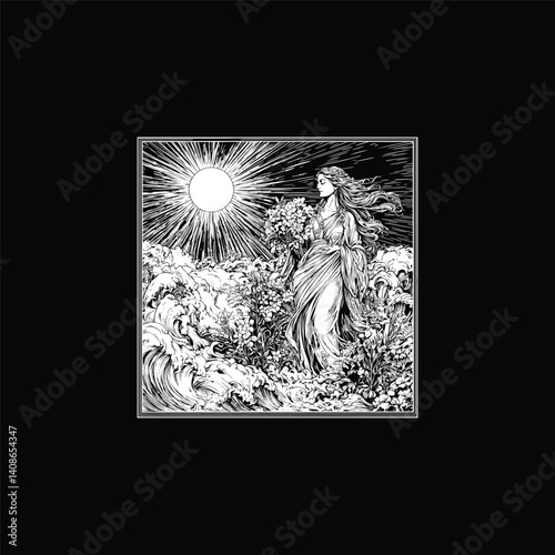 powerful goddess stands on the edge of a cliff with natural flower design vector template illustration