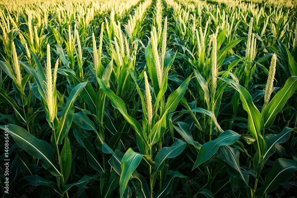 Obraz premium Corn field from drone perspective, aerial, birds eye view.