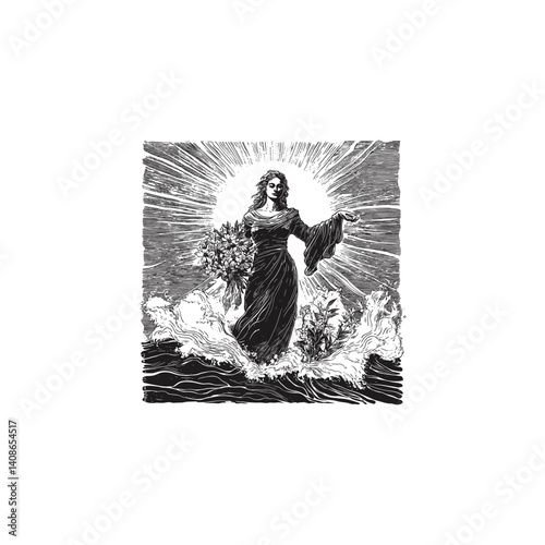 powerful goddess stands on the edge of a cliff with natural flower design vector template illustration