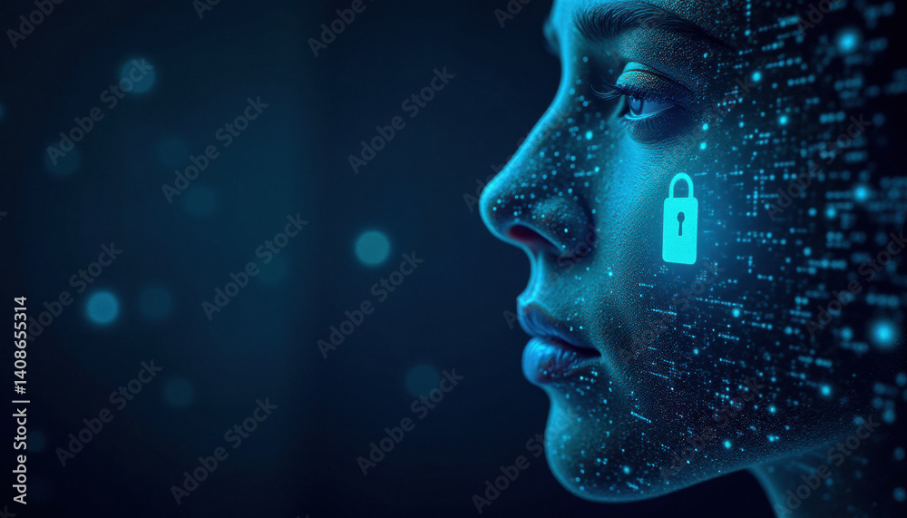 Obraz premium A padlock glows on a woman’s cheek as she faces digital light, symbolizing online privacy and protection. 