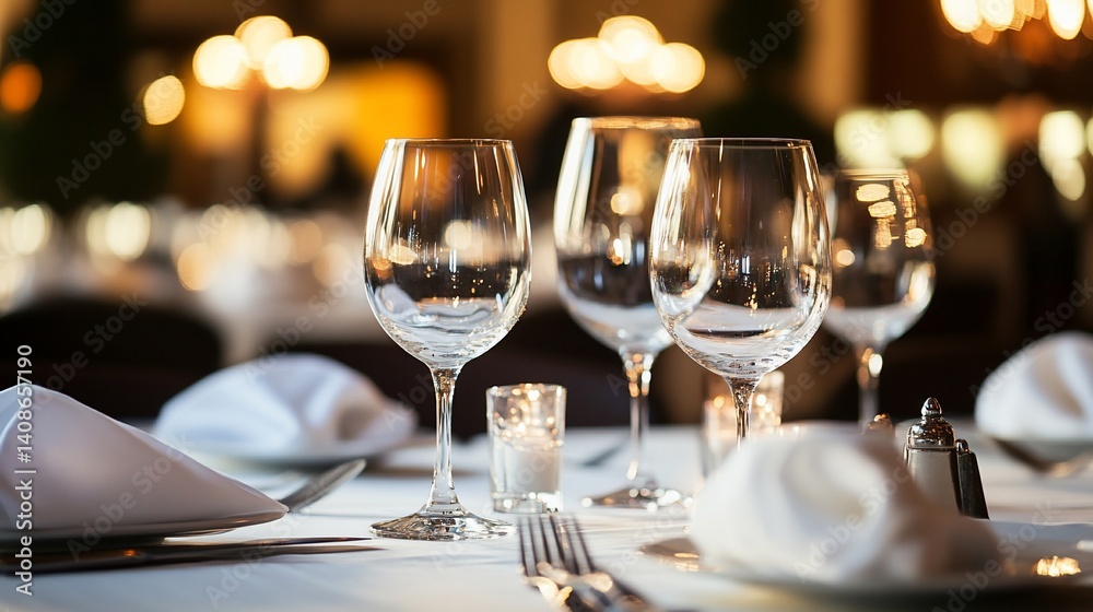 Elegant dining table setting with crystal wine glasses and soft lighting Elegant dining table setting with crystal wine glasses and soft lighting