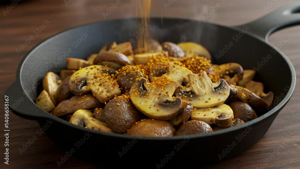 Sizzling Mushrooms with Spices in a Black Skillet Sizzling Mushrooms with Spices in a Black Skillet