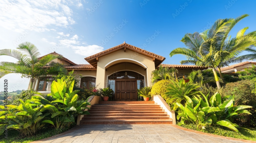Fototapeta premium Grand entrance of an elegant residence with lush surroundings, conveying timeless luxury and serene beauty. 