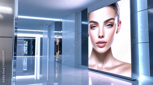 Elegant beauty advertisement in modern corporate building interior