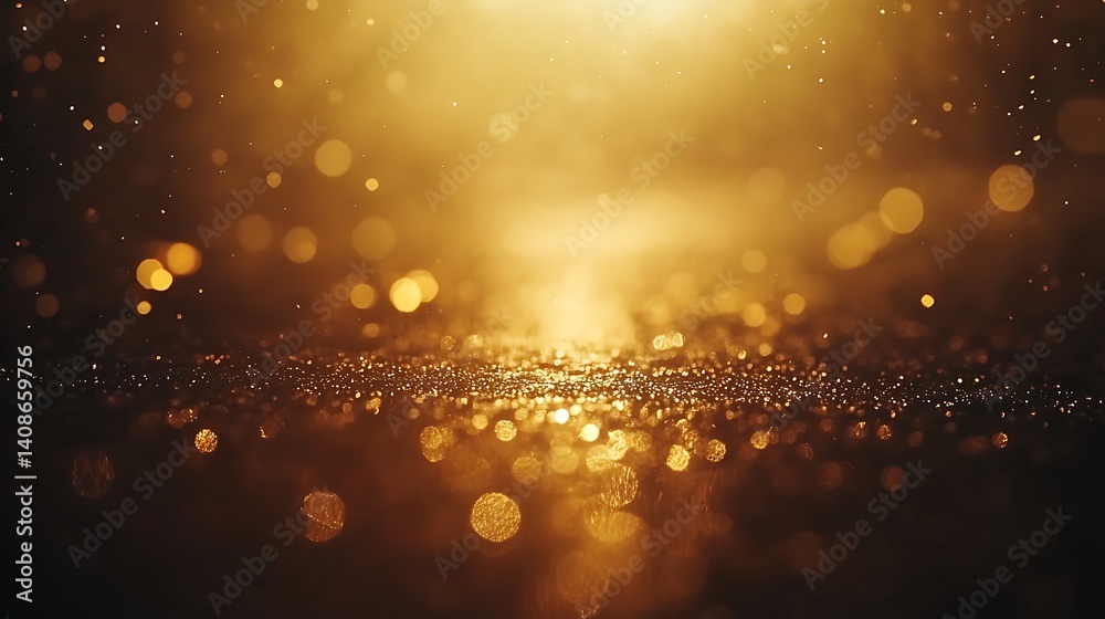 Fototapeta premium Golden glitter bokeh background, dark studio