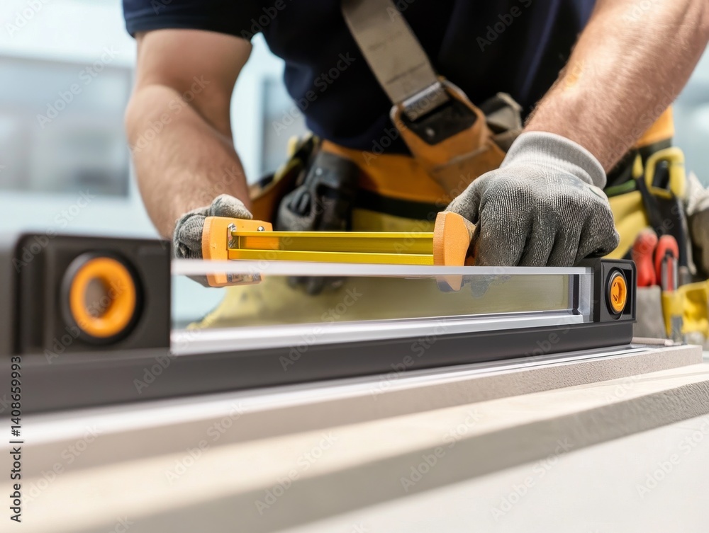 Window frame installer aligning a level on a freshly placed window. Featuring precision and construction Window frame installer aligning a level on a freshly placed window. Featuring precision and construction