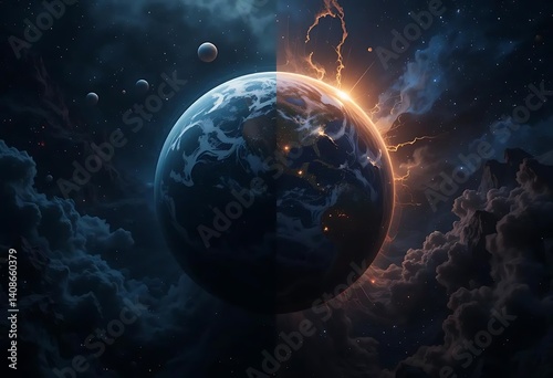 Fototapeta Naklejka Na Ścianę i Meble -  Cosmic Earth: A Dramatic, Darkly Lit Planetary Scene