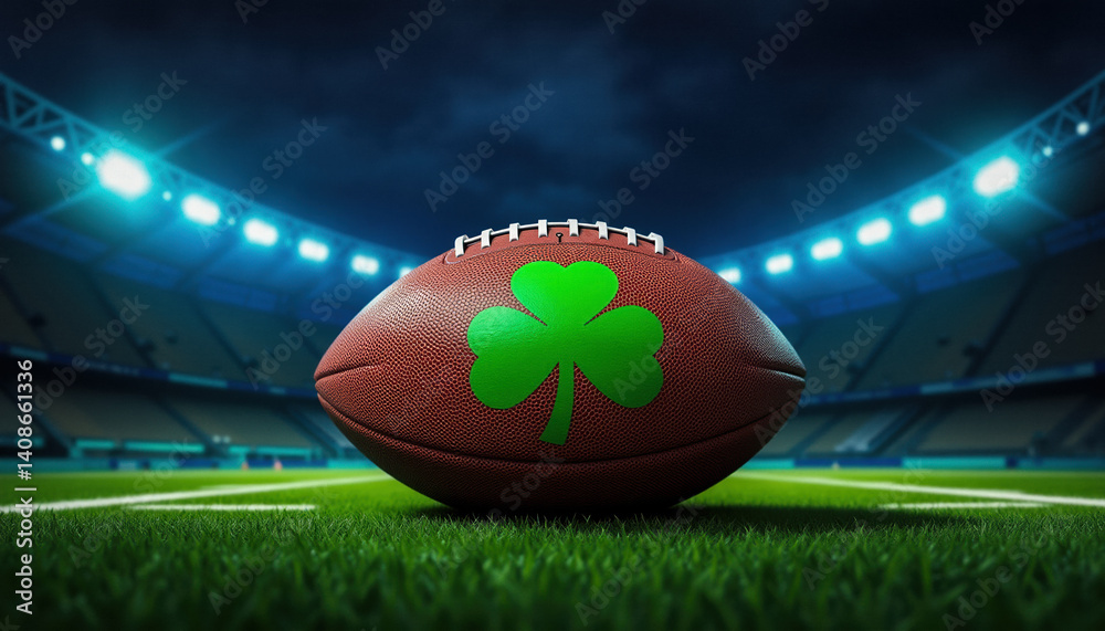 Football with a green shamrock on the surface, shown in a dramatic stadium setting. Combines athletic energy with Irish symbolism.