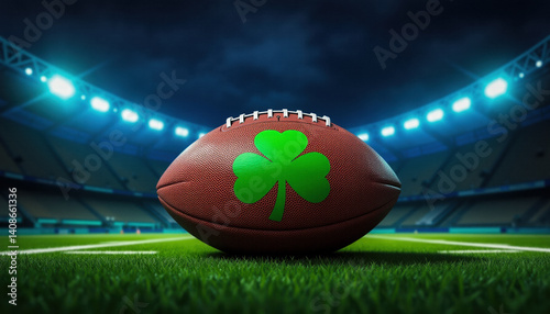 Obraz na płótnie Football with a green shamrock on the surface, shown in a dramatic stadium setting. Combines athletic energy with Irish symbolism. w salonie