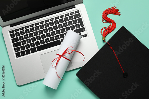 Obraz na płótnie Graduation hat, laptop and diploma on turquoise background, top view. Online education concept w salonie
