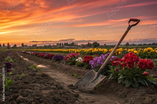 A shovel rests in the soft soil of a colorful flower garden during a beautiful sunset - generated by ai