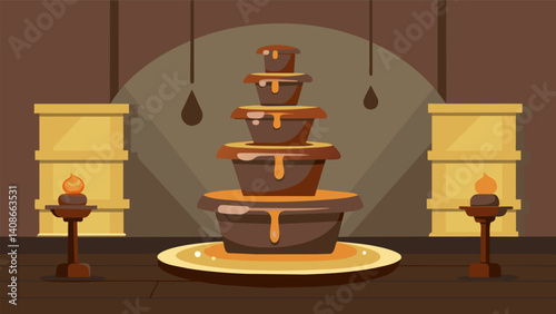 In a corner of the room a chocolate fountain glistened with cascading warm chocolate perfect for dipping freshly fruits and churros.. Vector illustration